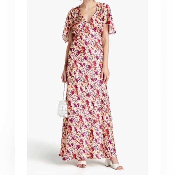 NEW Paco Rabanne Sunny Pansy Printed Satin Cape Sleeve Floral Dress Size 2 NWT - Picture 1 of 8